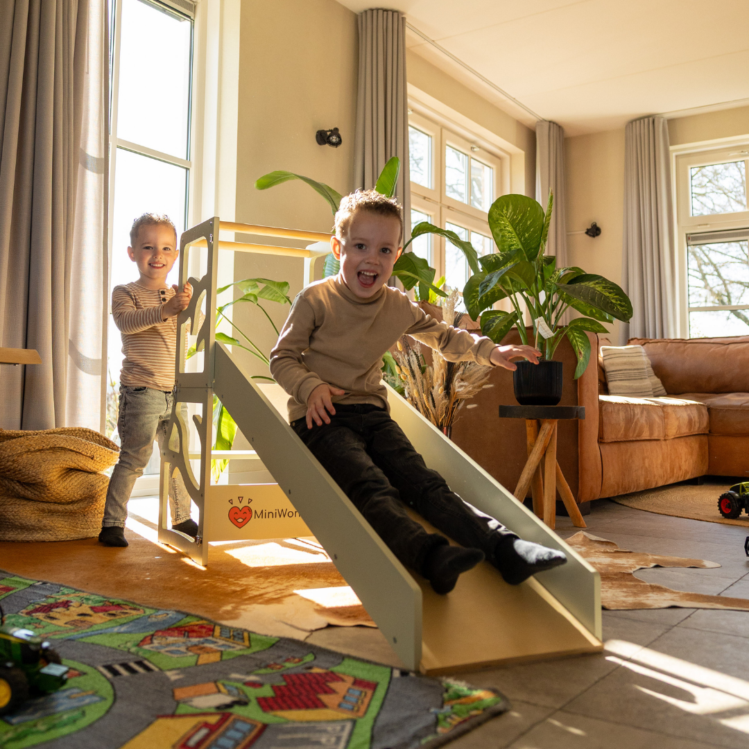 Kinderen glijden van glijbaan van MiniWonders leertoren
